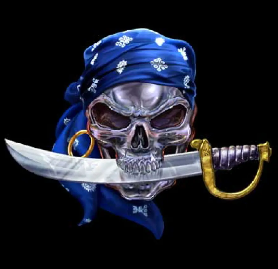 A rough picture of a pirate skull with a sword in its teeth and a blue headband