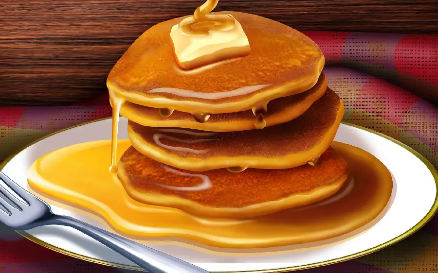 Graphic computer drawing of simple pancakes with butter and honey