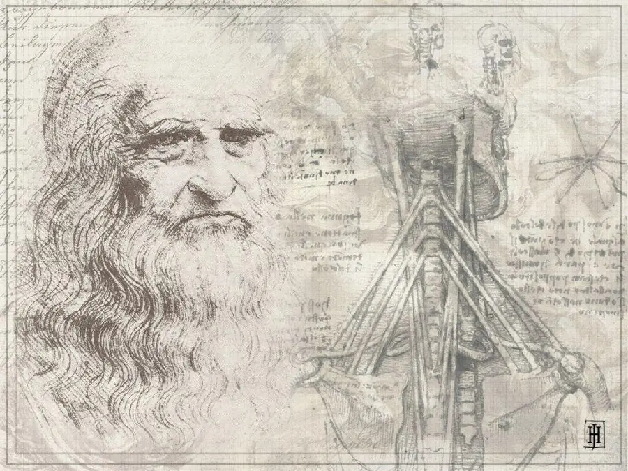 Black and white photo of a beautiful self-portrait painting by Leonardo da Vinci