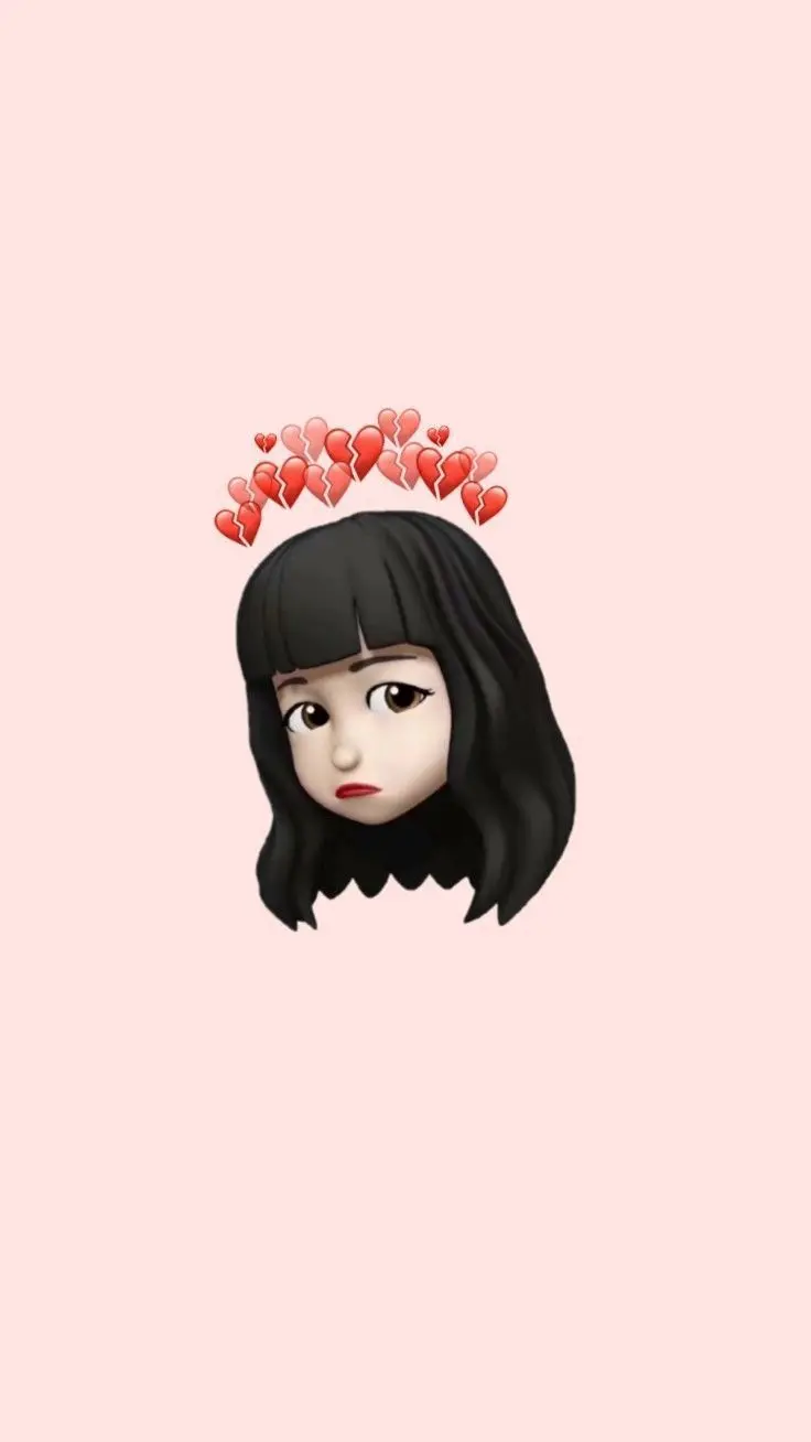 Sad girl emoji wallpaper with bangs and red hearts on top of her head