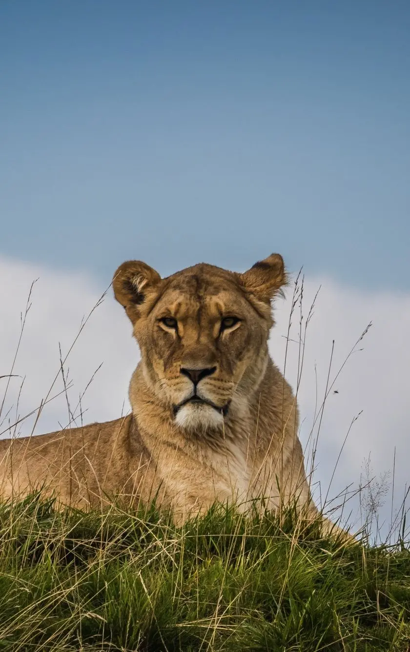 Stock photo of a powerful female lion in pristine nature
