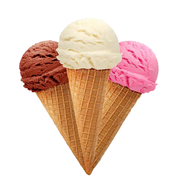 PNG photo of three vanilla, chocolate and strawberry ice cream cones 