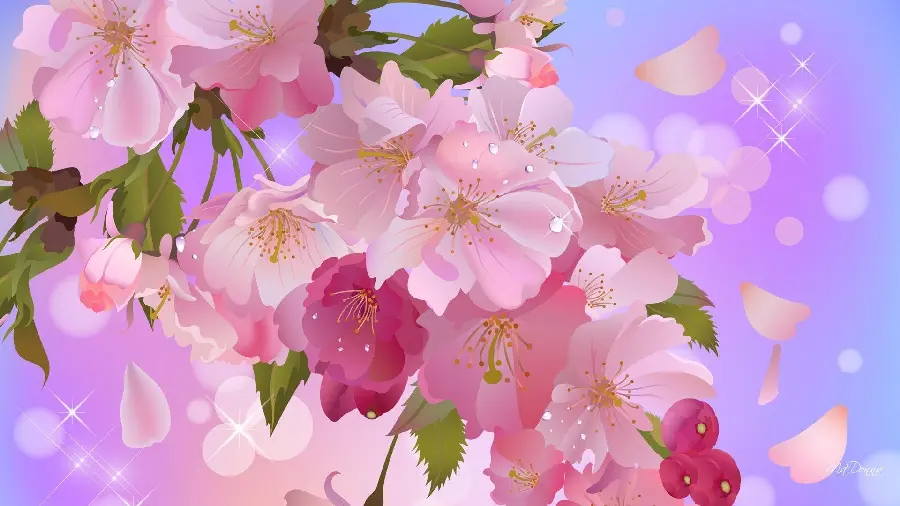 Amazing digital painting of peach-colored apple blossoms