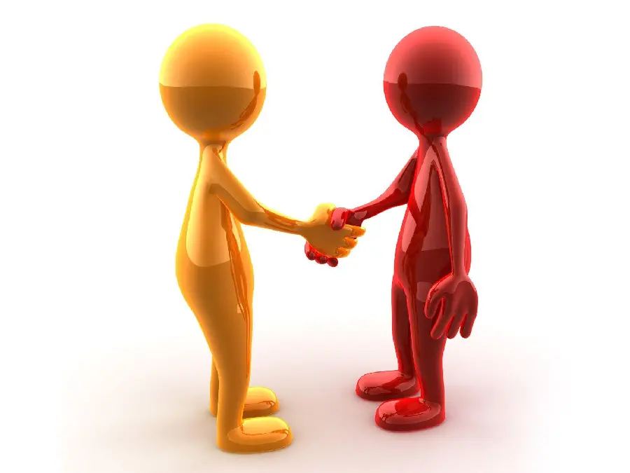 Image of two computer-generated 3D characters shaking hands 