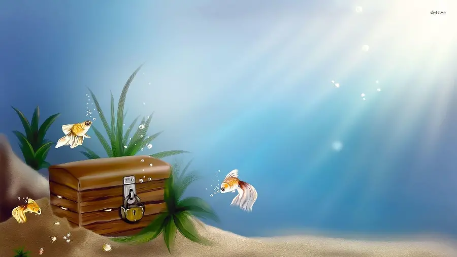 Cartoon photo of an underwater treasure chest in an entertaining story style
