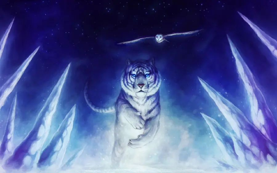 A dreamy and cartoon background photo of a wild tiger and an owl