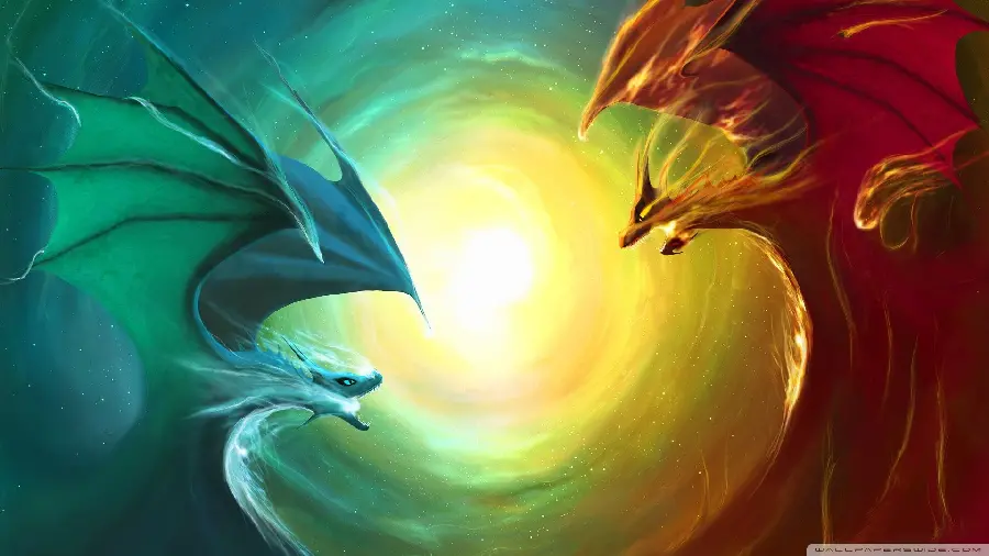 The most attractive, impressive and professional wallpaper of two blue and red dragons