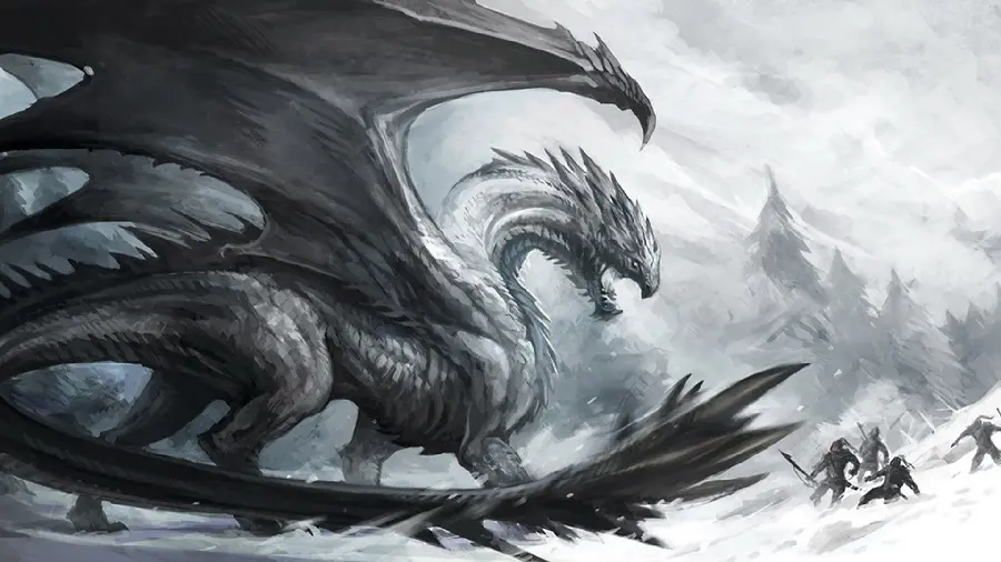 Beautiful and black and white animated picture of a giant black ice dragon 