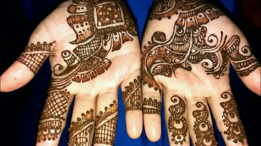 Photo of the latest model of henna on the hand with a combined wicker and geometric pattern