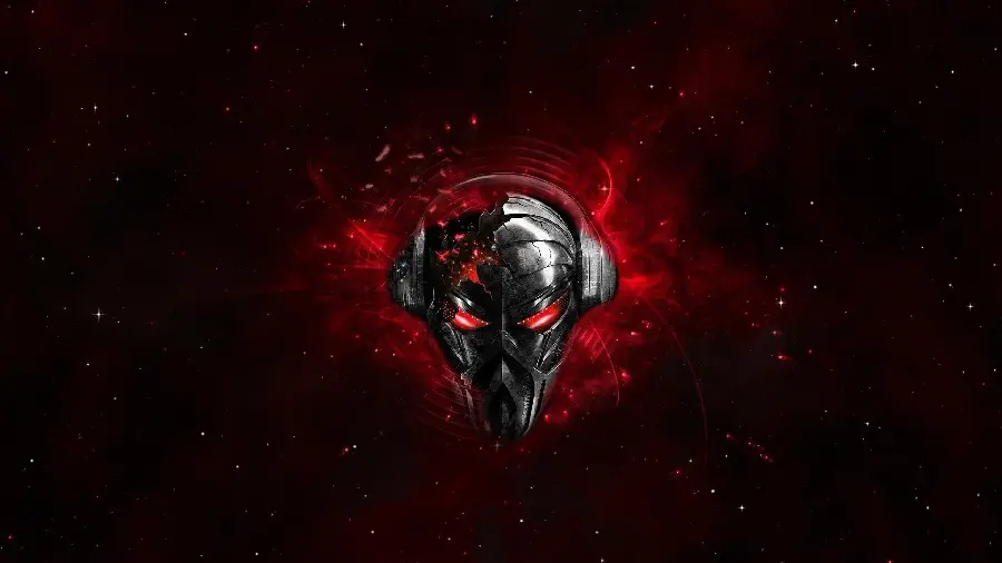 Photo of a scary iron skull in a red starry galaxy with excellent resolution