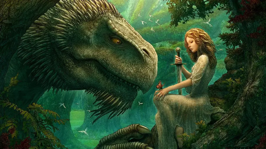 Dream profile photo of a kind girl like an angel and a big dinosaur