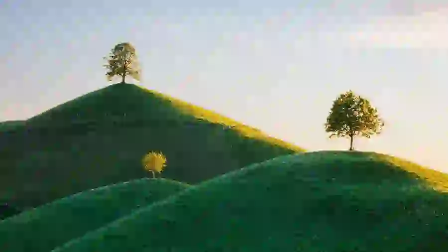 Download a very beautiful photo of a view of three interesting and green mountains 1402