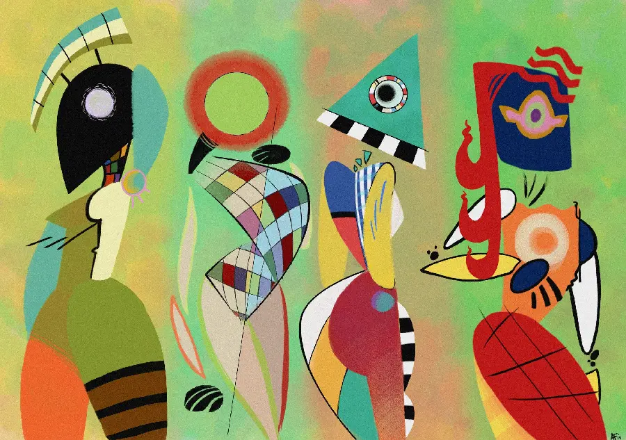 Photo of a thought-provoking painting of different people with different covers by Wassily Kandinsky