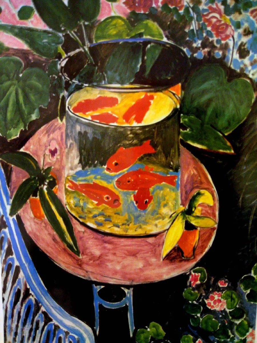 Download a photo of a painting of goldfish in a tank in the style of Fauvism