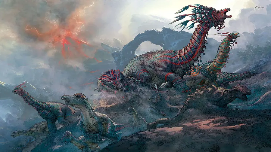 Interesting and conceptual drawing of the extinction of dinosaurs due to natural phenomena