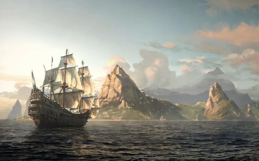 The most beautiful wallpaper without text of the ship and the mountains and the sea for the computer