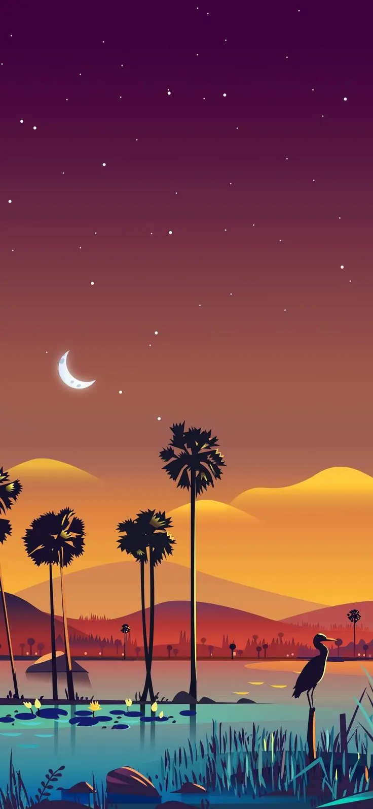 Download spectacular painting of palm trees by the lake on the night of the rain of the stars 1402