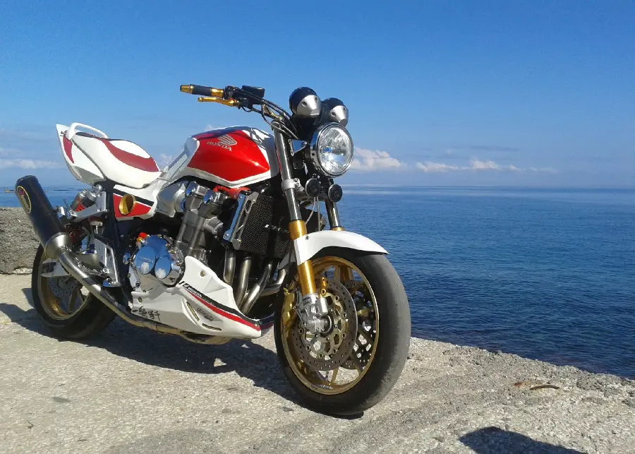 The most beautiful picture of a Honda CB1300 motorcycle near the blue sea