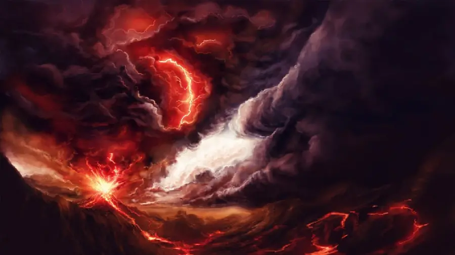 Fantasy volcano background design surrounded by dark smoke and molten material