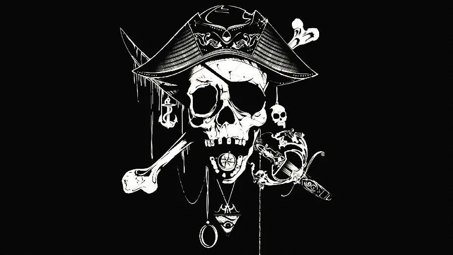 White pirate skull image on a simple black background and without text