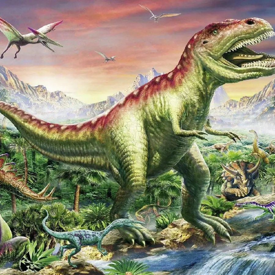 High quality painting of a dangerous carnivorous dinosaur in green and brown
