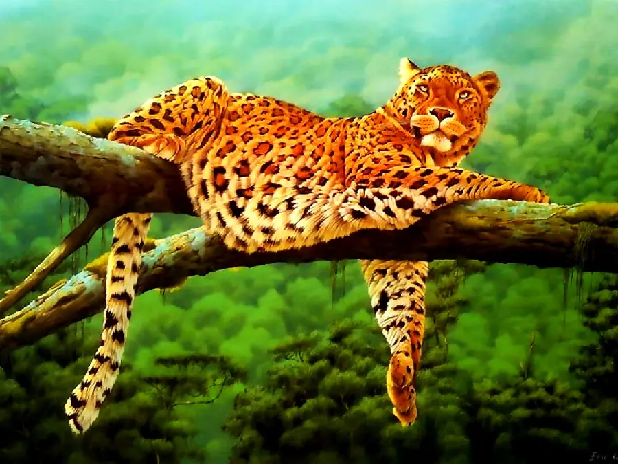 Painting of a leopard lying on a tree branch in a beautiful forest