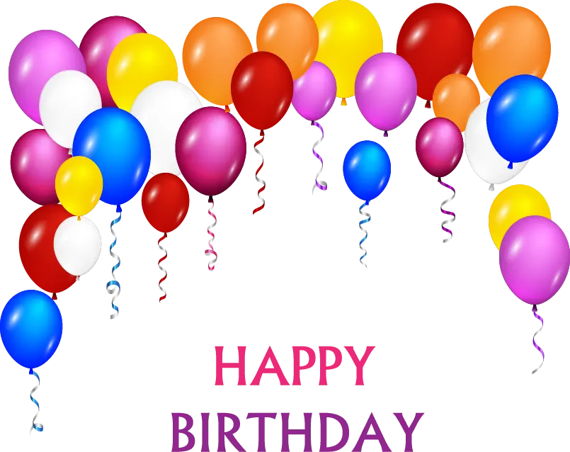 Image of colorful helium balloons and the text Happy Birthday with a white background