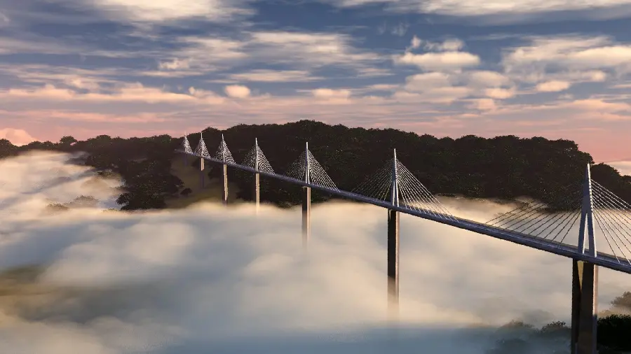 Amazing background of the Millau Bridge in France with beautiful fog around it 
