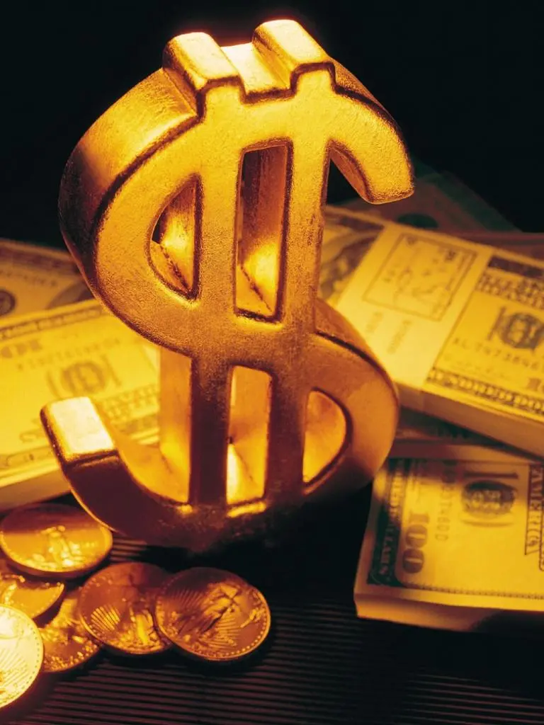 Image of a gold coin and US and Canadian dollars in full HD quality 