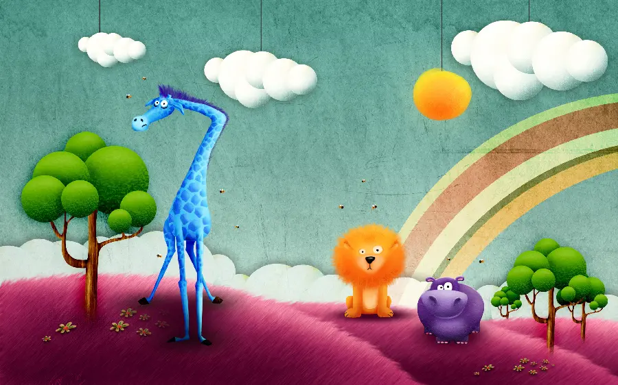 Cartoon photo of jungle animals, lion and giraffe, for children's story picture books