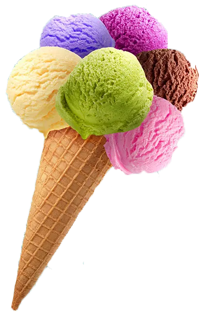 Ice cream cone with various flavors of cantaloupe, banana, chocolate, strawberry 