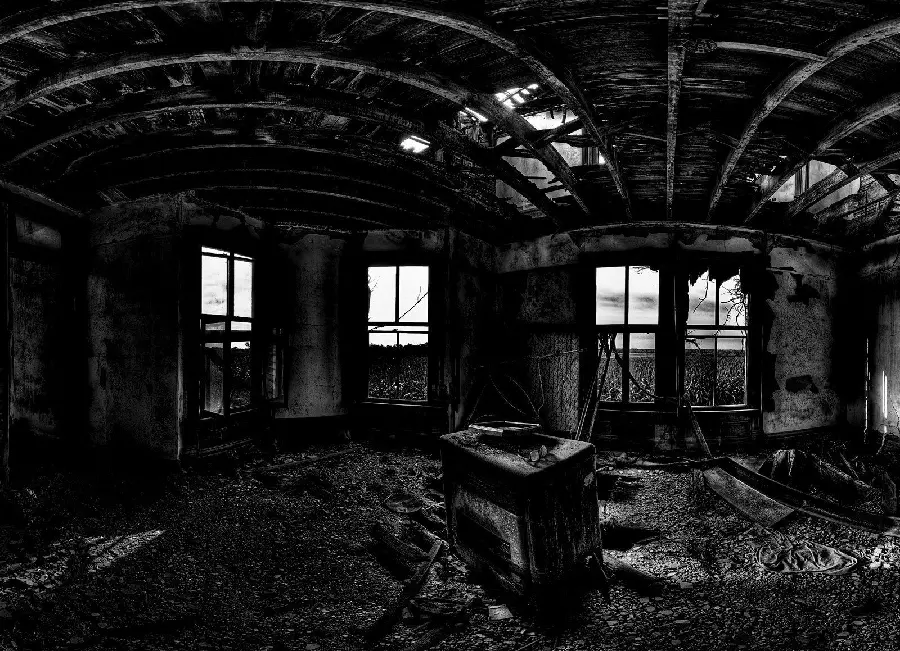 A dark and gloomy profile photo of a ruined and decayed house
