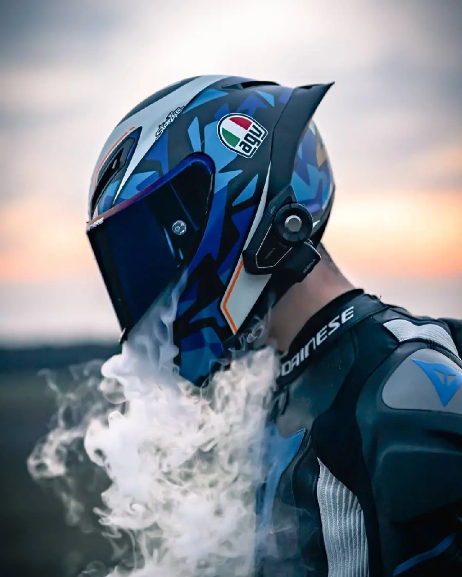 Luxury profile photo of a motorcycle boy with a special helmet for Telegram