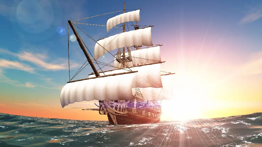 Background 8k wooden ship on the sea under the dazzling sun