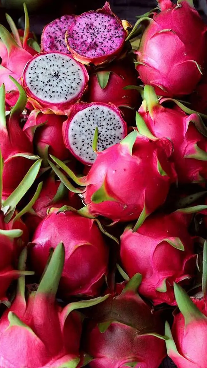 Dragon Fruit Poster with Red Skin and White Inside with Black Seeds