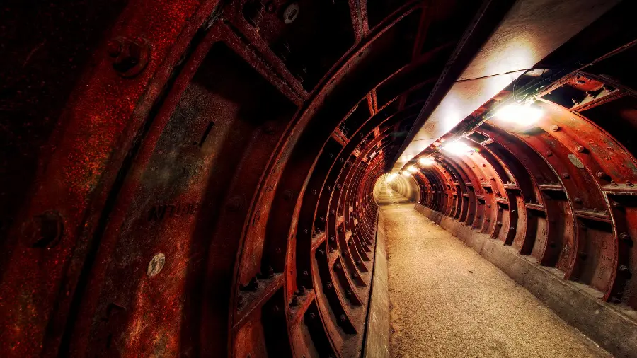 A very strange image of a long and scary tunnel with white lights 
