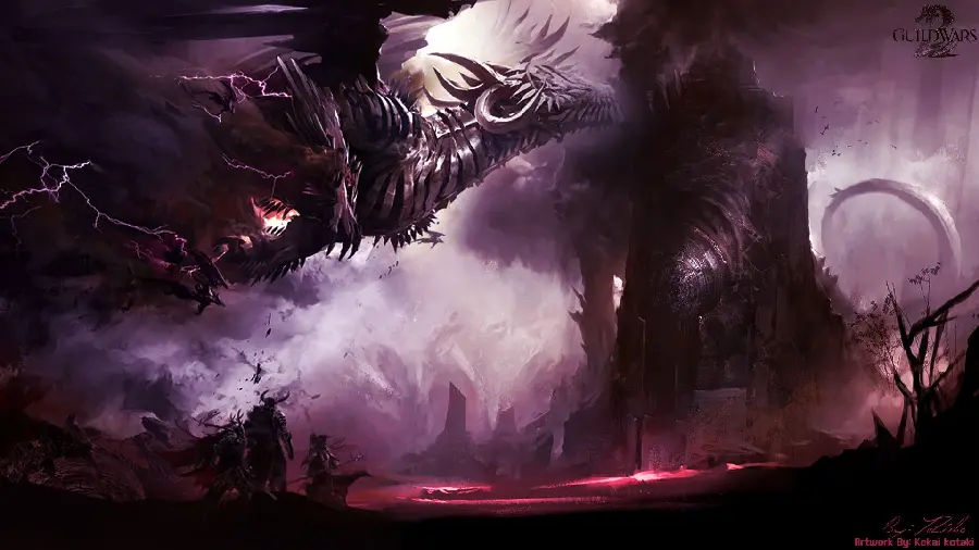 Photo of a scary Japanese dragon with a magical purple and black theme