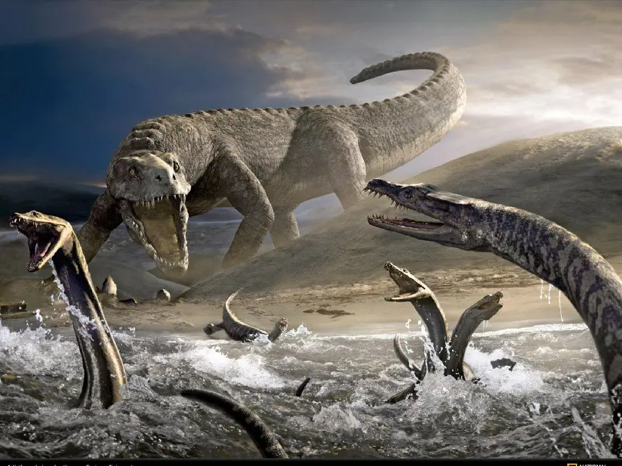 Image of a wild carnivorous dinosaur attacking long-necked dinosaurs
