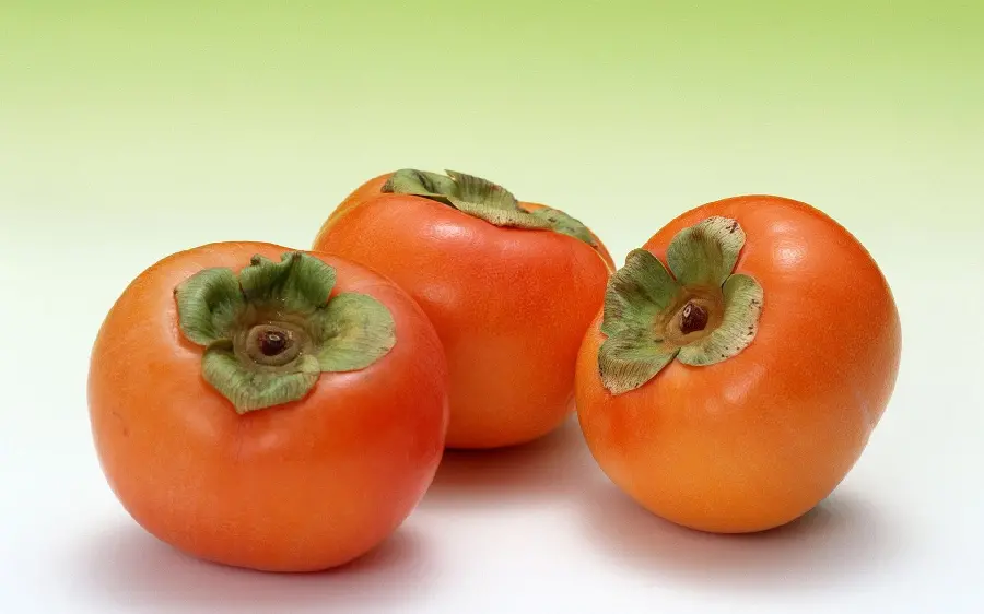Beautiful image and portrait of orange persimmons with green and white back