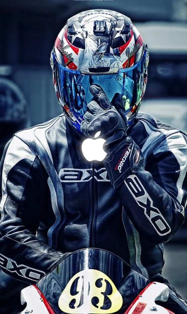 Spectacular wallpaper of a man riding a motorcycle with a special helmet for iPhone