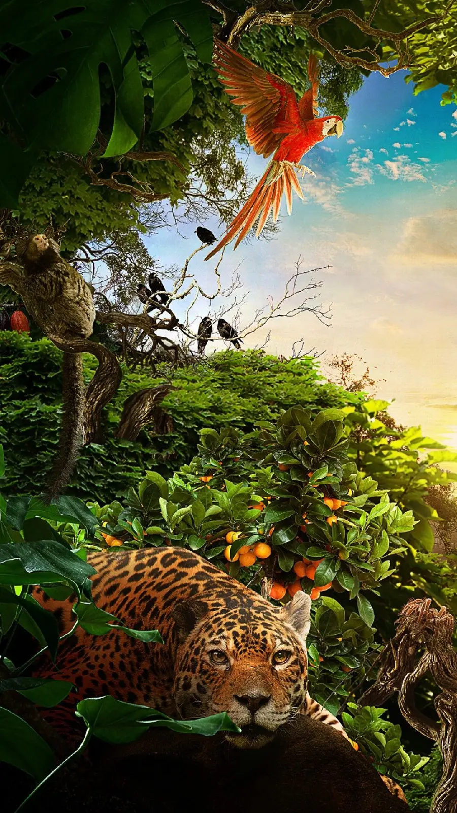 Cartoon and fantasy background of a jaguar in nature and beautiful wildlife