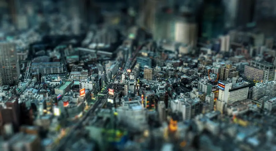 Miniature and fantasy decoration of a crowded and advanced city with dense and tall buildings 