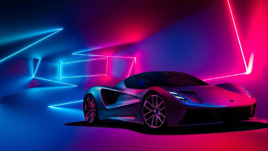 Dreamy Photo of Lotus Car with Blue Red Neon Light for Poster Printing