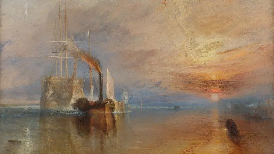 Photo of the painting of the fighter training attached to the last tug about to break William Turner