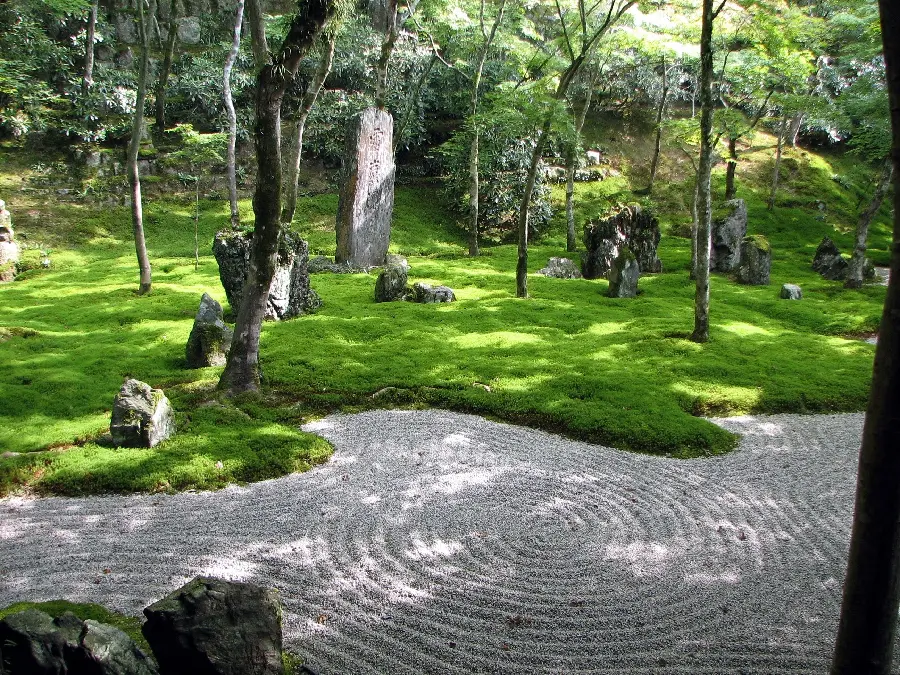 A colorful view of the Zen rock garden in Japan for use on Instagram
