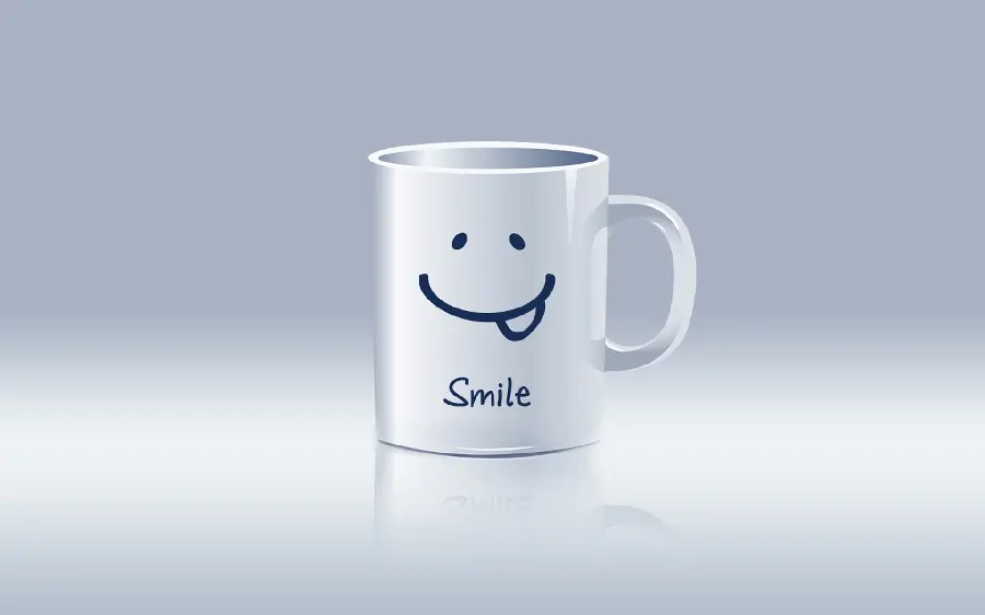 Fantasy and artistic stock photo of a smiling mug, advertising printing on a ceramic mug