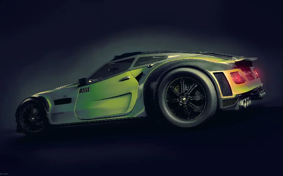 Amazing and interesting background of a green foreign car 