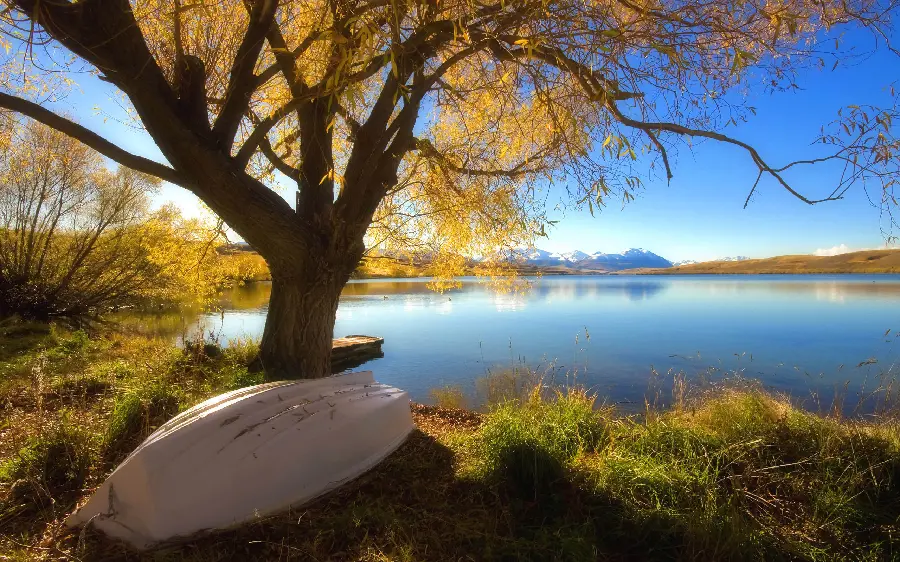 A pleasant and autumnal view of a lake and a white boat on the contrary