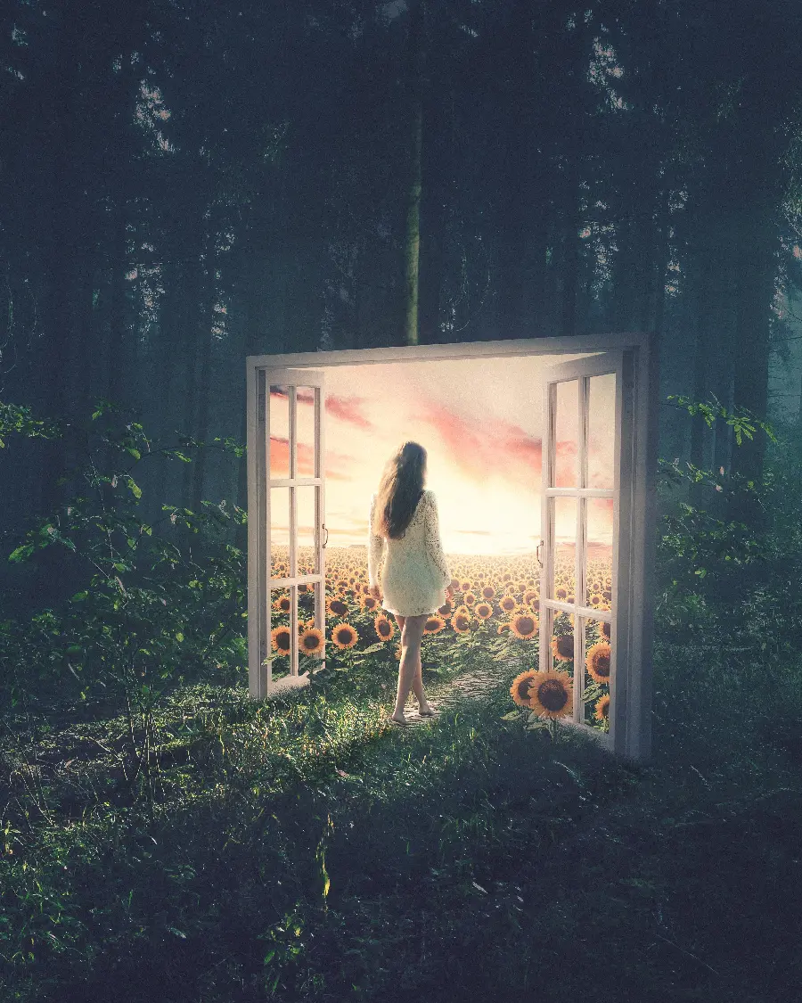 Abstract Surrealism Painting Girl in Sunflower Field with Black Background