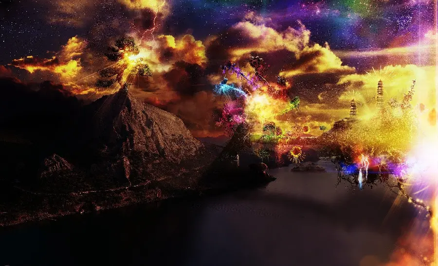 Download a full HD photo of a surrealist battle scene with a dark sky and bright yellow clouds